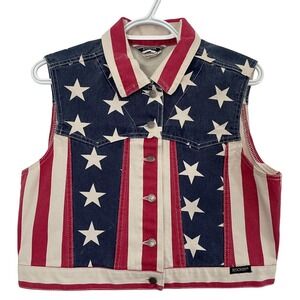 Vtg Rockies American Flag Denim Vest Crop USA Retro Western 4th of July Medium